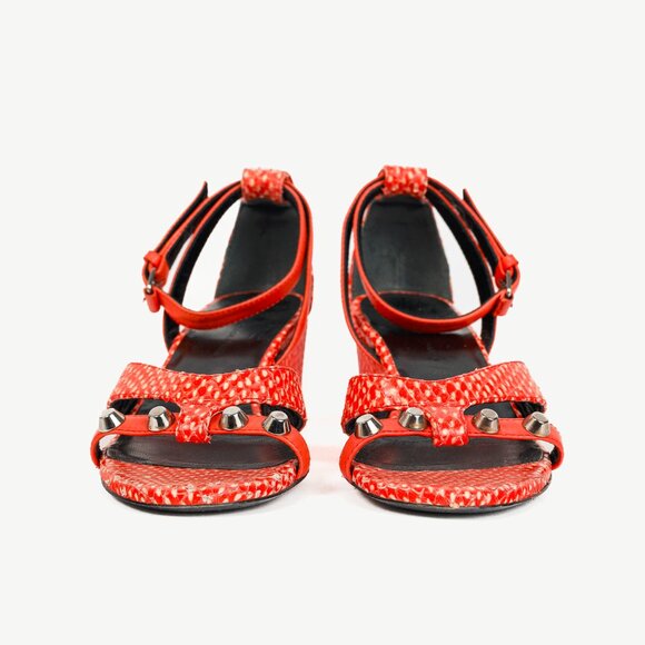 Balenciaga Orange Snakeskin-Embossed Studded Wedge Sandals - Picture 2 of 11